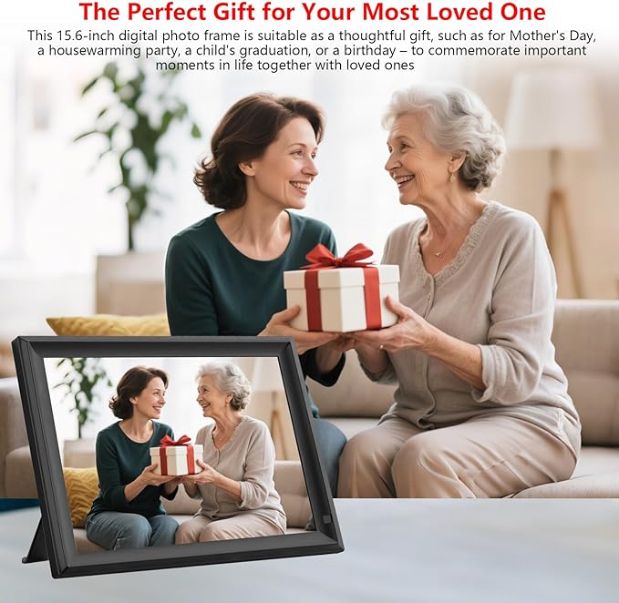 FRAMEO 15.6 inch Digital Picture Frame,Large WiFi Photo Frame 32GB,FHD IPS Touch Screen, Wall-Mounted,Share Photo/Video, Living Room Elderly Parents Birthday-DeskLoop Office