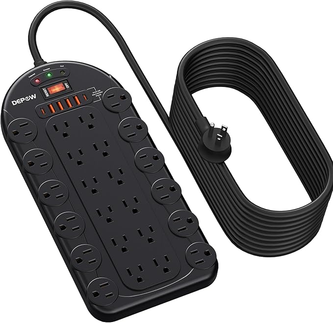15Ft Power Strip Surge Protector (3,400 Joules), DEPOW 24 AC Multiple Outlets (1875W/15A) with 6 USBs (2 USB-C Ports), ETL Listed, Flat Plug Heavy Duty Long Extension Cord for Home, Office, Black-DeskLoop Office