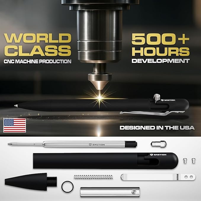 BASTION® Luxury Slim Bolt Action Pen, Lightweight Aluminum EDC Pen with Fine Tip, Professional Ballpoint Pen for School and Work - Black-DeskLoop Office
