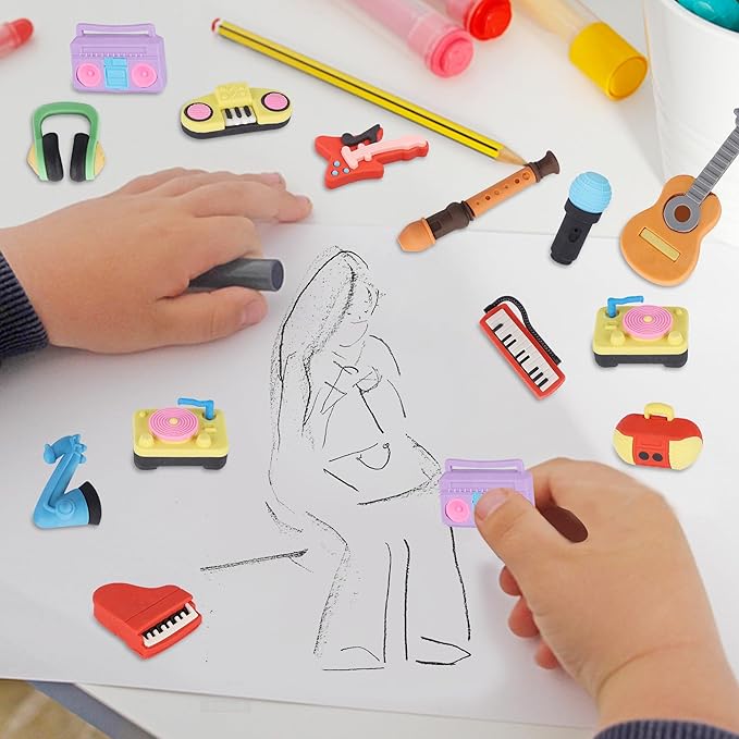 24 Pcs Erasers for Kids, Mini Pencil Eraser Bulk Classroom Prizes, Fun Puzzle Erasers for Preschool Elementary Student, Back to School Supplies (Musical Instrument)-DeskLoop Office