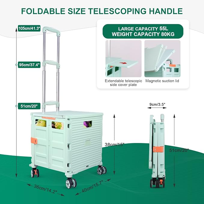 FELICON SELORSS Folding Utility Cart Portable Rolling Crate Handcart-Green | - Image 4