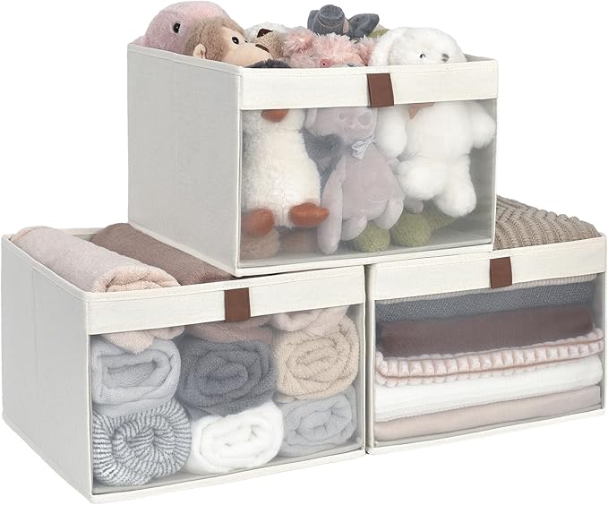 StorageWorks Closet Storage Bins, Extra Large Storage Baskets with Clear Window and Handles, Foldable Fabric Organizer for Clothes, Shelves, Beige, 3 Pack-DeskLoop Office