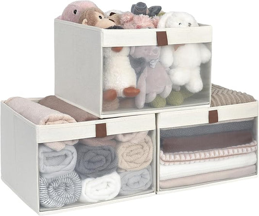 StorageWorks Closet Storage Bins, Extra Large Storage Baskets with Clear Window and Handles, Foldable Fabric Organizer for Clothes, Shelves, Beige, 3 Pack-DeskLoop Office