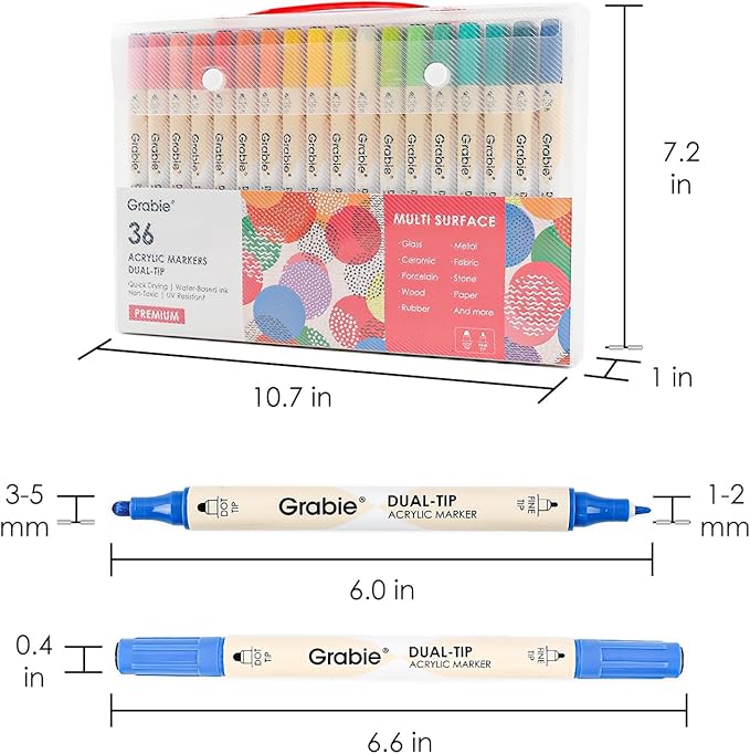 Grabie 36 Dual Tip Acrylic Paint Markers, Acrylic Paint Pens, Fabric Markers for Fabric, Canvas, Rock, Glass, Wood, Paper, DIY, Canvas DIY Art Supplies Kit-DeskLoop Office