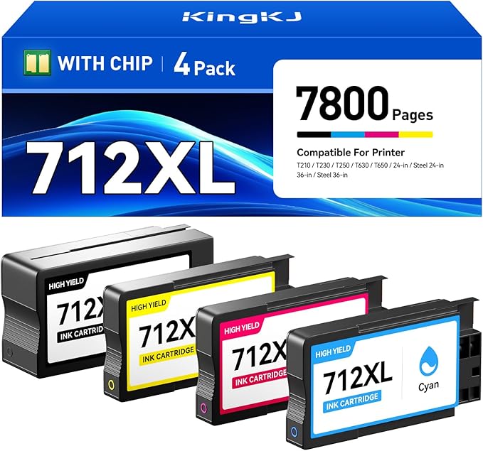 712 712XL Ink Cartridges Combo Set 4-Pack High Yield with chip Replacement for HP 712 712XL Ink Compatible with HP Designjet T650 T630 T230 T210 T250 Studio Plotter Printer (Black/Cyan/Magenta/Yellow)-DeskLoop Office
