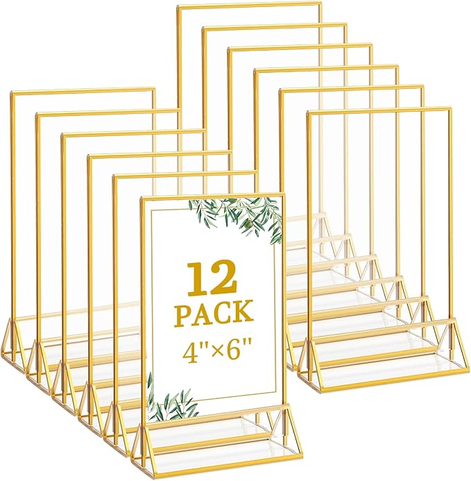 Floroom 12 Pack 4x6 Inch Clear Acrylic Sign Holders, Double-Sided Gold Display by Floroom