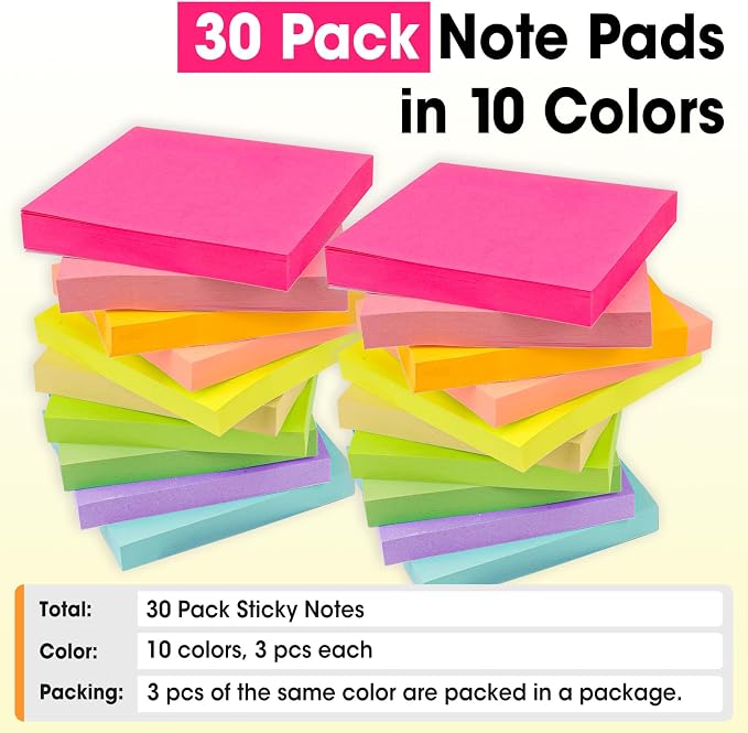 30 Pads Sticky Notes 3x3, Self-Stick Pads Bulk Bright Colors, School Supplies - Image 5