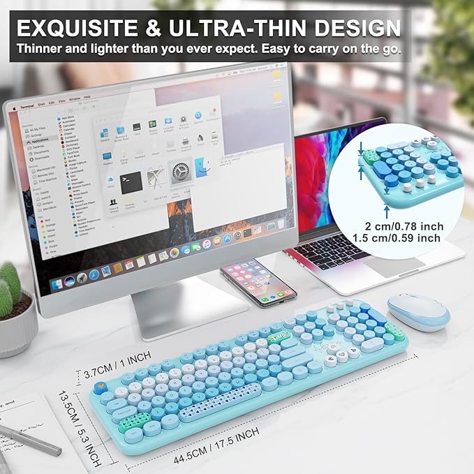FOPETT Wireless Keyboard and Mouse Combo - 2.4G Full-Sized Cute Colorful Retro Keyboard with Round Keycaps 104 Keys Typewriter Keyboard for Laptop/Windows/PC-Blue Colorful-DeskLoop Office