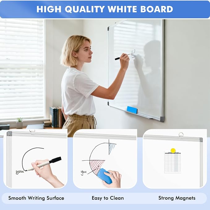 WALGLASS 2 Pack Large White Board, Hanging Mounted Whiteboard Silver Aluminium - Image 2