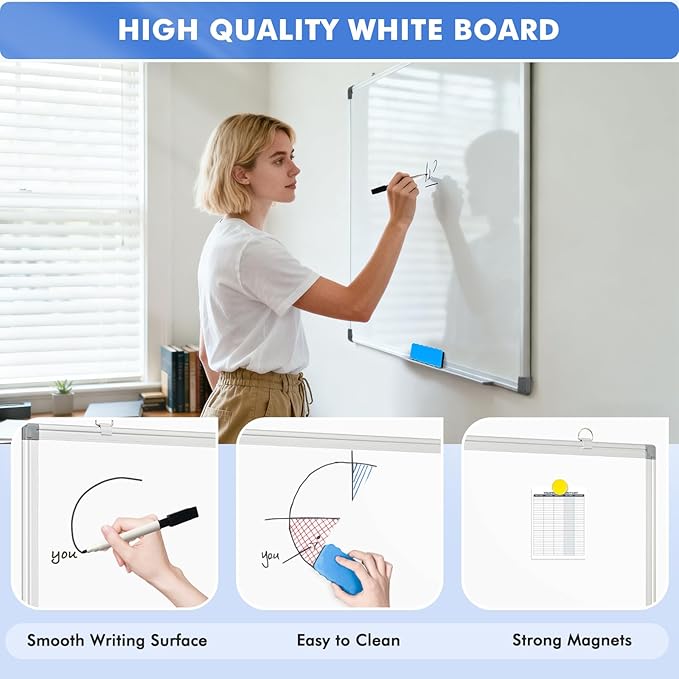 WALGLASS Large White Board, Hanging Mounted Whiteboard Silver Aluminium Frame - Image 2