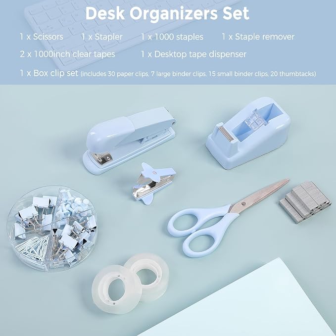 SKYDUE Blue Office Desk Accessories, Tape Dispenser, Clips and 1000pcs Staples - Image 3