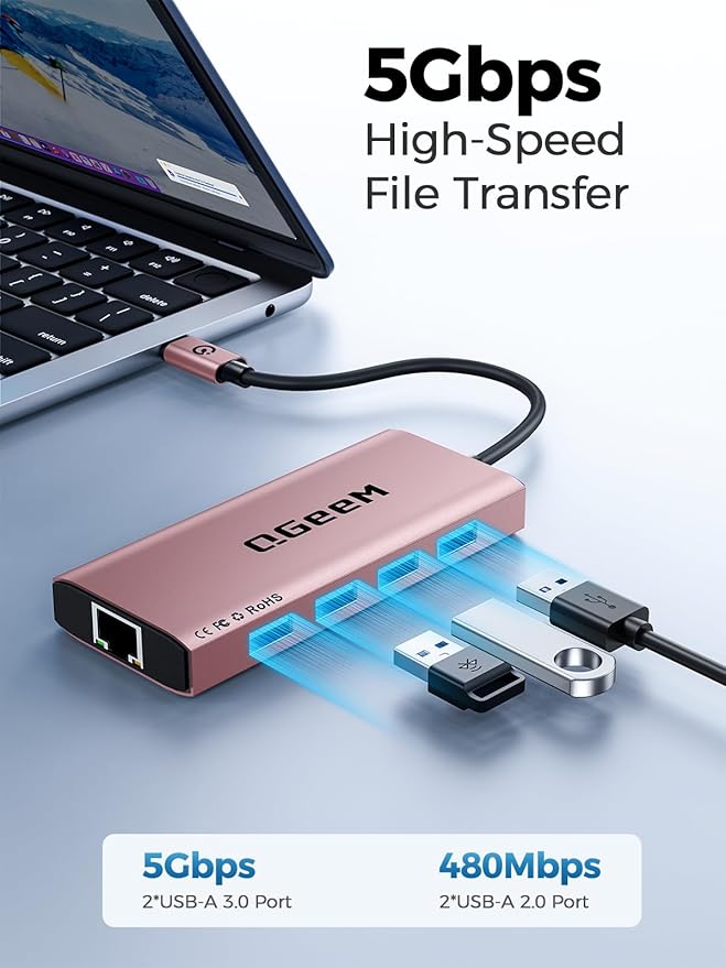 QGeeM USB C Hub Ethernet,9 in 1 USB Type C Hub HDMI Multi-Port Converter Adapter,100W Pd, USB 3.0,SD/TF Card Reader,Compatible for MacBook Pro Air Ipad HP Dell Lenovo Chromebook etc.-Pink-DeskLoop Office