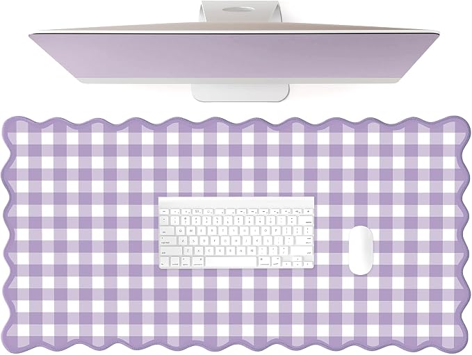 Scalloped‌ Purple Checkered Gingham Desk Mat Cute Pastel Large Mouse Pad Kawaii by Unknown