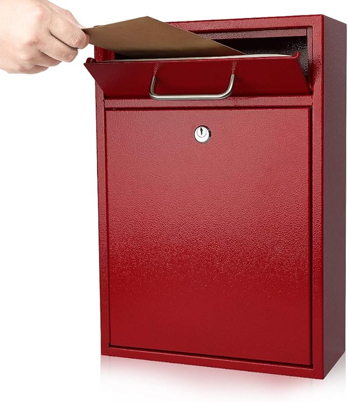 KYODOLED Steel Key Lock Mail Boxes Outdoor, Locking Wall Mount Mailbox, Security Key Drop Box, Collection Boxes,16.2H x 11.22L x 4.72W Inches, Red X Large-DeskLoop Office