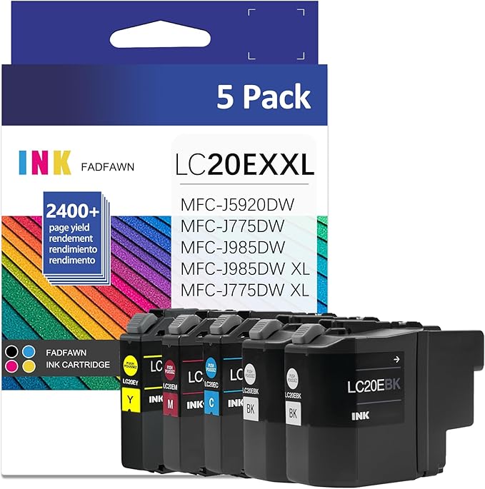 LC20E Super High Yield Ink Cartridge Set Replacement for Brother LC20EBK LC20EC LC20EM LC20EY LC20E XXL Ink Cartridges MFC-J5920DW MFC-J985DW MFC-J775DW MFC-J985DWXL Printer (2BK/C/M/Y, 5 Pack)-DeskLoop Office