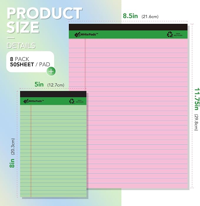 KAISA Colored Legal Pad 15lb Recycled Paper Writing Pad, 50 Sheets, Mixed 8pads - Image 3