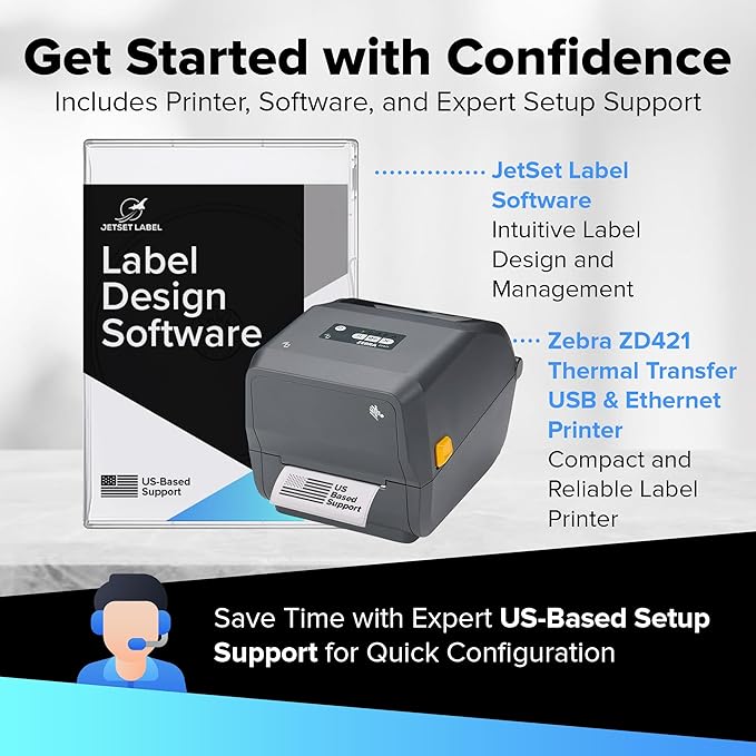Zebra ZD421 Thermal Transfer Desktop Printer 203 dpi Print Width 4-inch USB Ethernet ZD4A042-301E00EZ | Includes Jetset Software-DeskLoop Office