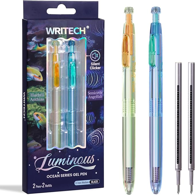 WRITECH Gel Pens Medium Point: Luminous pen set 0.7mm Black Ink Includes 2 Pens by WRITECH