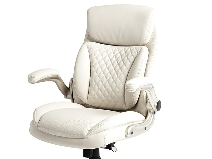 Amazon Basics Ergonomic Executive Office Desk Chair with Lumbar Support, Flip-up Armrests, Adjustable Height, Cream Leather-DeskLoop Office