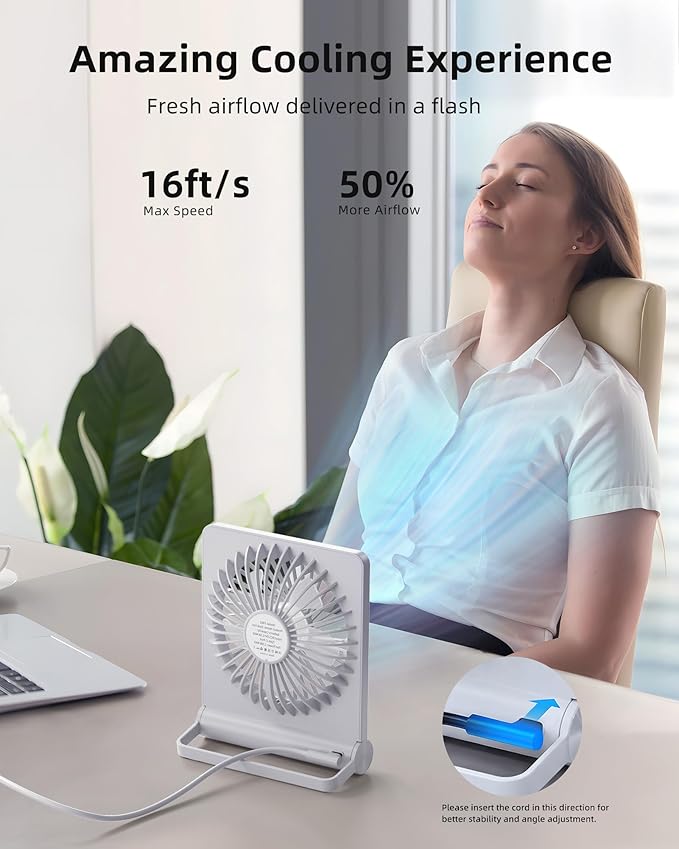 Koonie USB Fan, Strong Wind Quiet Small Desk Fan 220° Tilt Folding 3 Speeds - Image 3