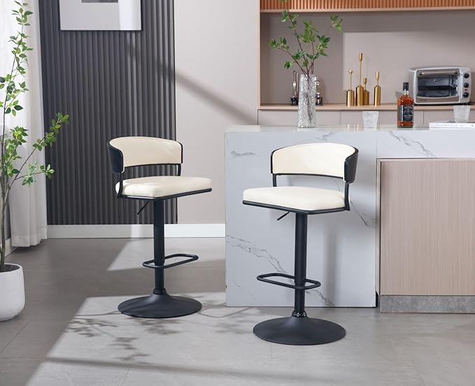 Adjustable Modern Bar Stools Set of 6 Faux Leather Barstools Swivel Counter Height Bar stools with Curved Back/Black Metal Base Comfy Upholstered Bar Chairs for Kitchen Island, Beige-DeskLoop Office