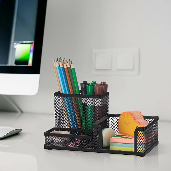 Comix Mesh Pen Pencil Holder Desk Organizer, 3 Compartment Wire Desktop Pen - Image 2