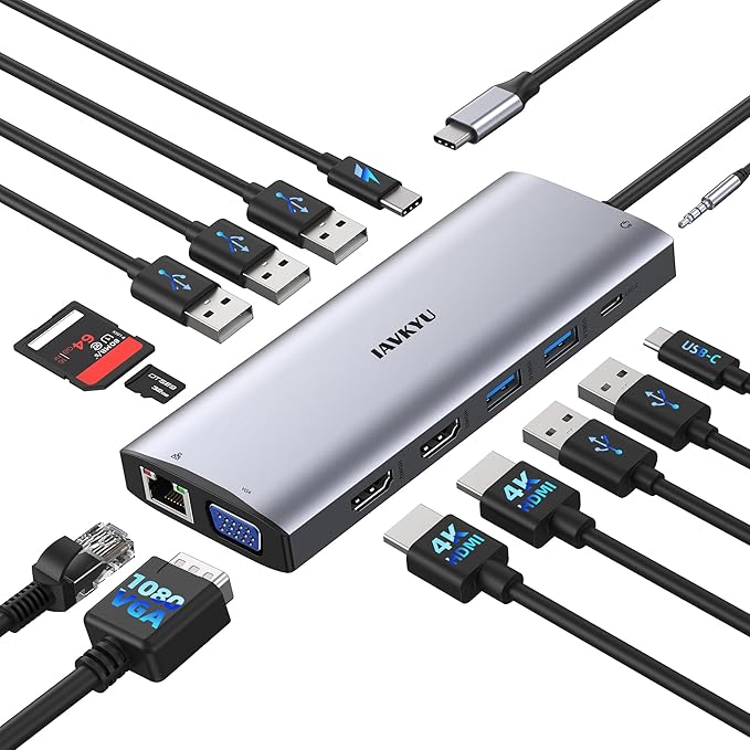 Laptop Docking Station Dual Monitor,14 in 1 USB C Docking Station fo dell hp USB C Hub Multiport Adapter with 2HDMI 4K+VGA+Ethernet+5USB+1USB C+100W PD+SD/TF+Audio,USBC Dock Dongle for Windows Laptop-DeskLoop Office