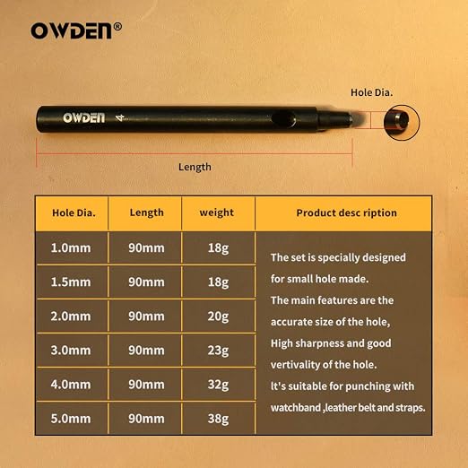 OWDEN Professional 6Pcs. Leather Hollow Punch Set. Size: 1.0-5.0mm - Image 2