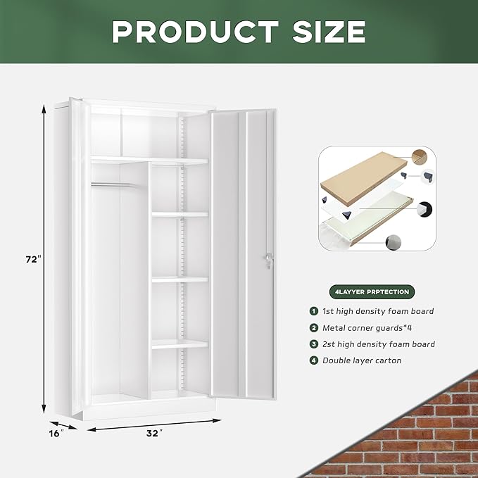 Greenvelly Metal Wardrobe Cabinet with Locking Doors, 72"H White Metal Wardrobe Closet with Hanging Rods and Adjustable Shelves, Clothing Storage Closet for Home, Office, Employee, Gym (16" D x 32" W)-DeskLoop Office