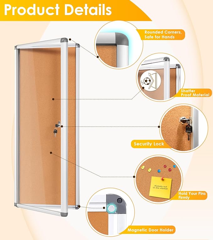 SWANCROWN Locking Bulletin Board Tamper-Proof Notice Board Cork Display Case Wall-Mounted for K12 Office Dentists, 38x14 inch-DeskLoop Office