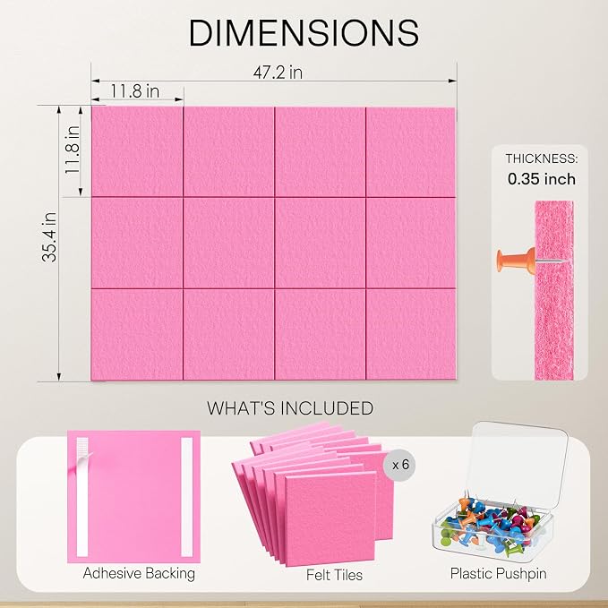 MaxGear Felt Bulletin Board 48" x 36", 12 Pack 11.8" x 11.8" Wall Panels - Image 3