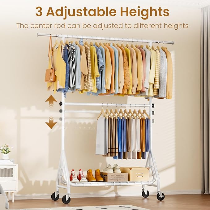 Double Rods Clothing Rack, Heavy Duty Clothes Rack for Hanging Clothes Load 560LBS, Metal Rolling Garment Racks with Wheels, Freestanding Clothes Hanging Racks, White-DeskLoop Office
