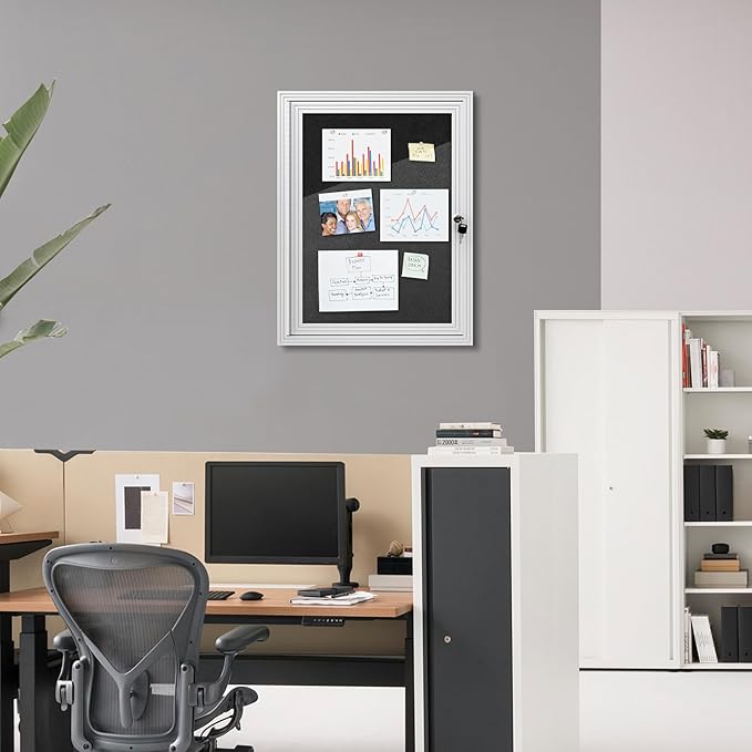 26"x20" Enclosed Bulletin Board, Outdoor Lockable Weather-Resistant Aluminum Cork Noticeboard for School & Office, Silver Frame w/Black Flet-DeskLoop Office