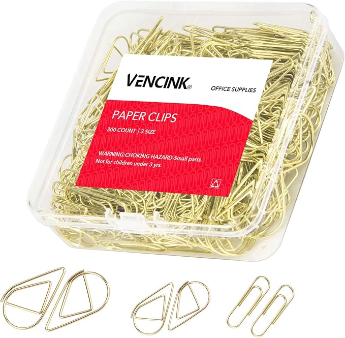 300 Pcs Cute Gold Paper Clips Assorted Sizes, Smooth Steel Wire Drop-Shaped by VENCINK