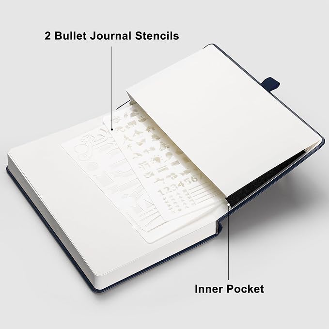 RETTACY Bullet Dotted Journal Notebook, 256 Pages, A5 Medium Size (5.7'' × 8.3''), Leather Hardcover, 120 GSM Thick Paper, for Bullet Journaling, Planning, Tracking (Navy Blue)-DeskLoop Office