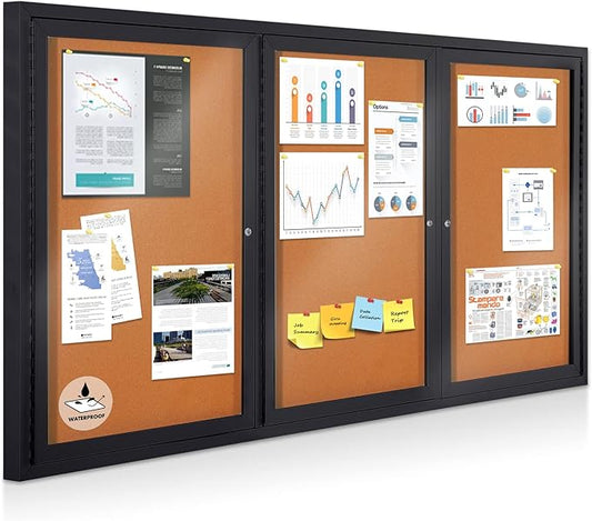 Enclosed Bulletin Board Outdoor Noticeboard with Locking Door, Weather-Resistant, Cork, Black Aluminum Frame, 70 x 36 in-DeskLoop Office