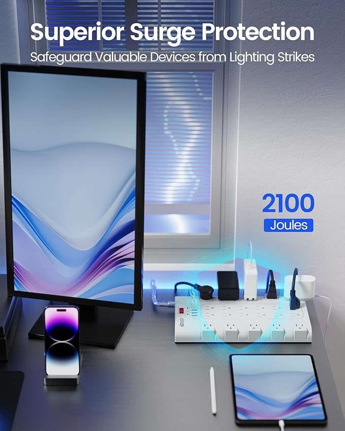 10Ft Extension Cord with Multiple Outlets, SUPERDANNY Surge Protector Power Strip (1875W/15A), 22 AC Outlets and 6 USB Charging Ports, Wall Mountable for Home, Office, Gaming Room, 2100 Joules, White-DeskLoop Office