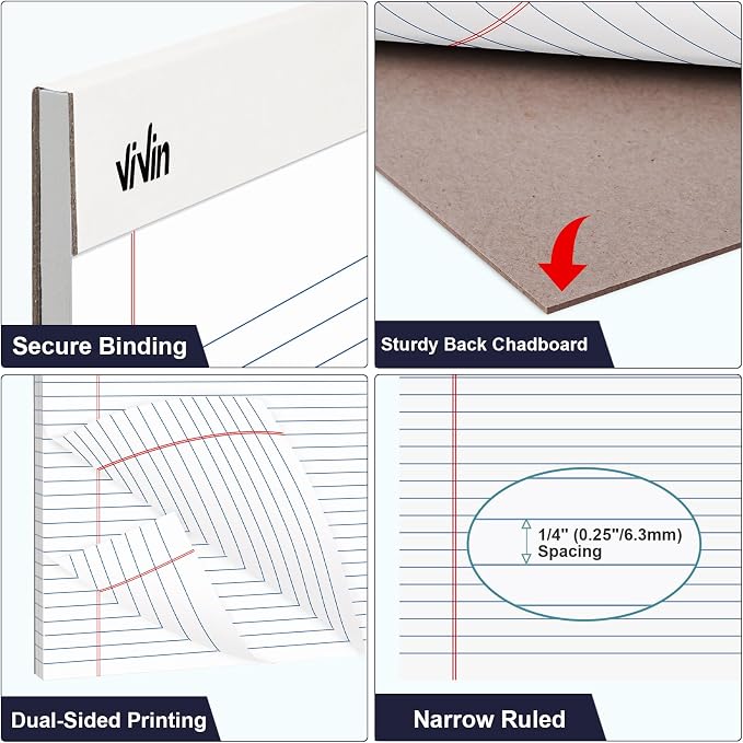 ViVin 5 x 8 Inch Legal Pads, 6 Pack, Narrow Ruled, 50 Sheets Per Writing Pad - Image 3