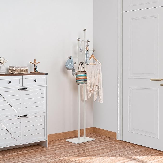 Free Standing Coat Rack with Marble Base & 8 Steel Hooks Clothes Rack for Entryway Bedroom Living Room Hotel 14.96 x 10.24 x 68.9 Inches (White)-DeskLoop Office