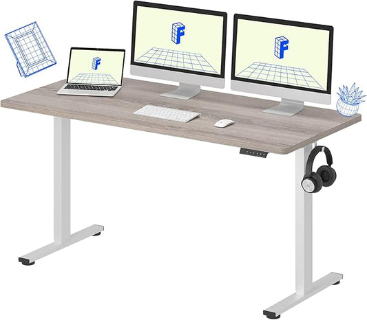 FLEXISPOT EN1 One-Piece Standing Desk, 60 x 24 Inches Height Adjustable Desk Electric Sit Stand Desk for Home Office (White Frame + Gray Wood Desktop, 2 Packages)-DeskLoop Office