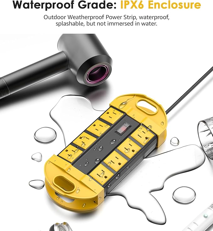 CCCEI Outdoor Power Strip Weatherproof with 8 Plug, Waterproof Extension Cord with Multiple Outlets, Christmas Exterior Garden Yard Surge Protector 10FT.