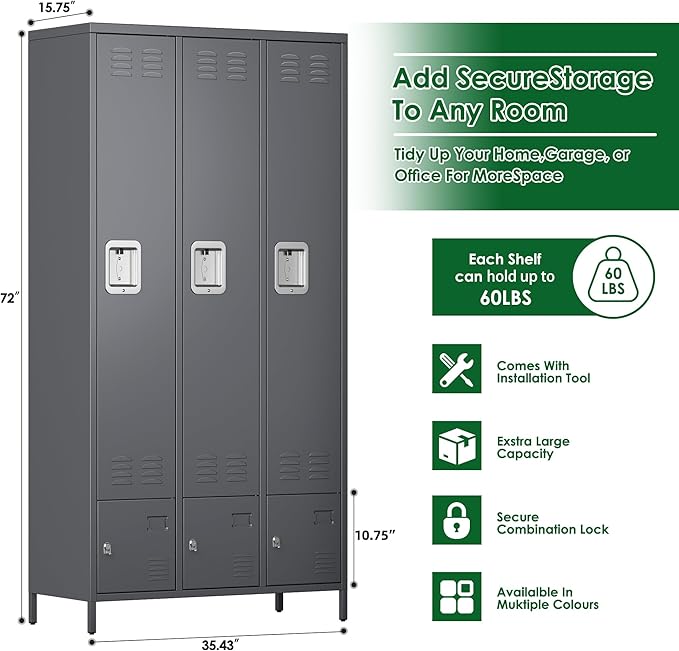 Metal Storage Locker with 3 Big Doors & 3 Small Doors, Lockers for Employees with Hooks for School Garage Office Gym Bedroom,Assembly Required,Dark Grey-DeskLoop Office
