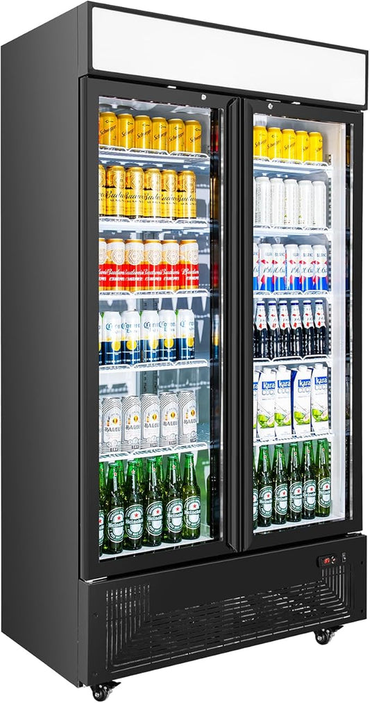 Commercial Merchandiser Display Refrigerator with 2 Glass Doors 30 Cu.ft Beverage Back Bar Cooler Black Drink Fridge for Convenience Stores, Supermarkets,Bars,Offices-DeskLoop Office