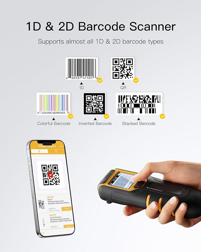 Inateck Barcode Scanner Wireless,Portable Bluetooth Barcode Scanner with Screen,1D 2D QR Code Scanner Kabellos 2.4GHz,Handscanner with APP and SDK, BCST-47-DeskLoop Office
