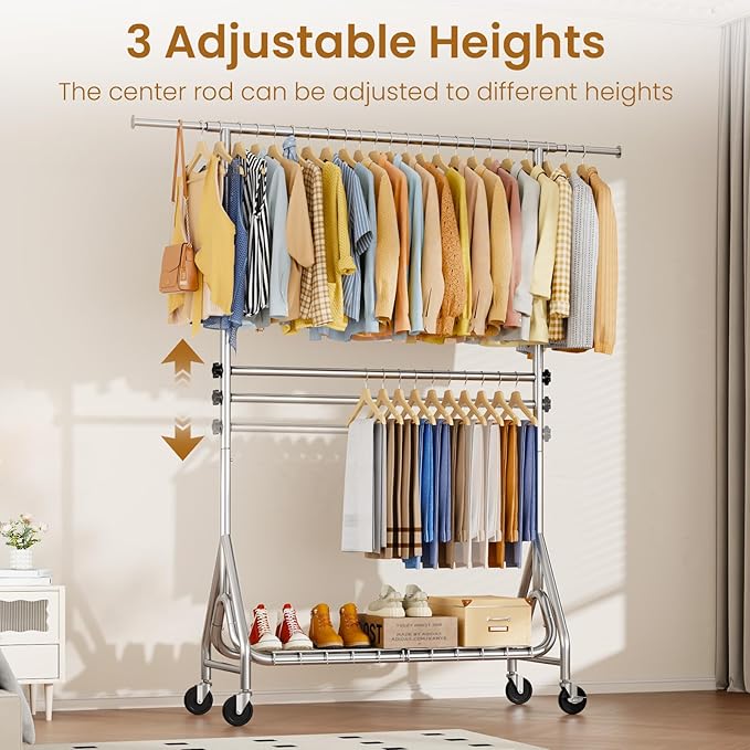 Double Rods Clothing Rack, Heavy Duty Clothes Rack for Hanging Clothes Load 560LBS, Metal Rolling Garment Racks with Wheels, Freestanding Clothes Hanging Racks, Silver-DeskLoop Office