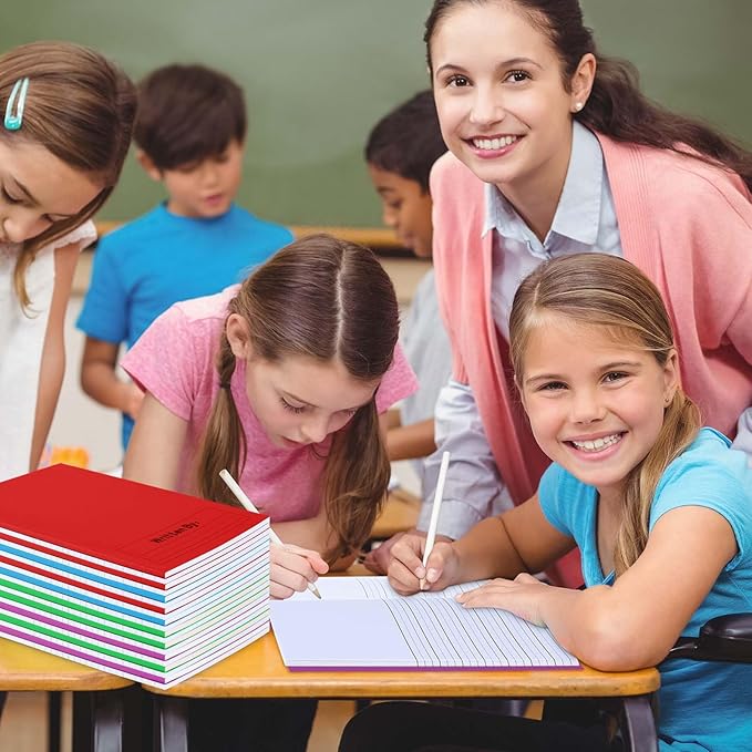 Henoyso 12 Pcs 120 Pages Primary Composition Notebooks K-2 9 3/4 x 7 1/2 Inch Journals Primary Journals Blank Books for Kids to Write Stories Kindergarten (Red,Green,Blue,Purple)-DeskLoop Office