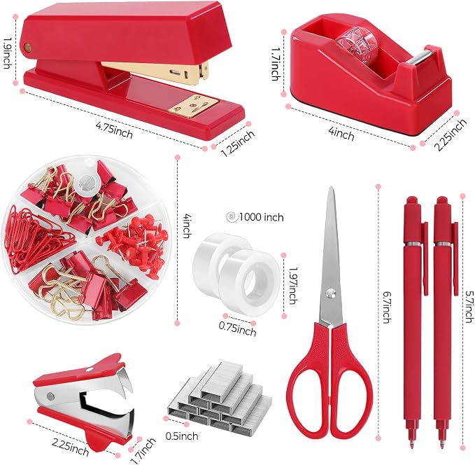 SKYDUE Red Office Supplies Set, Desk Accessories, Tape Dispenser, Binder/Paper - Image 8