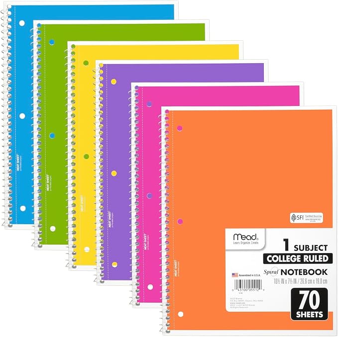 Mead Spiral Notebook, 6 Pack, 1 Subject, College Ruled Paper, 7-1/2" x 10-1/2" by Mead