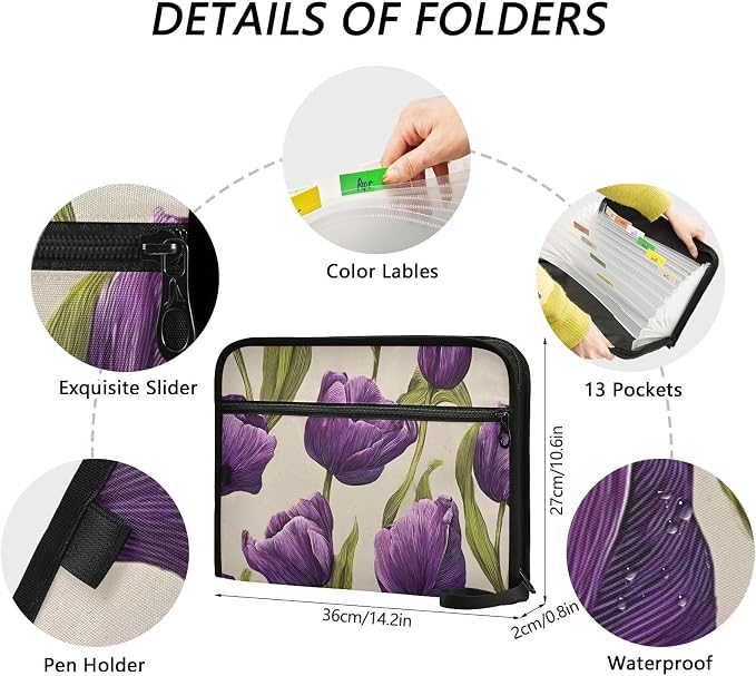 Expanding File Folder Purple Tulips Pattern Accordion File Organizer 13 Pockets - Image 4