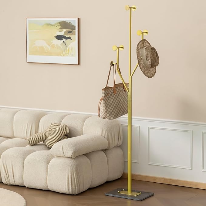 Heavy Duty Coat Rack Tree-shaped Metal Freestanding Coat Tree with Sturdy Marble Base Corner Coat Rack for Bedroom Entryway Hallway 14.96 x 10.24 x 68.9 Inches (Gold)-DeskLoop Office
